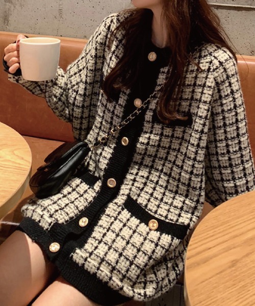 チェック柄ツイードカーディガン（カーディガン/ボレロ）｜meJane