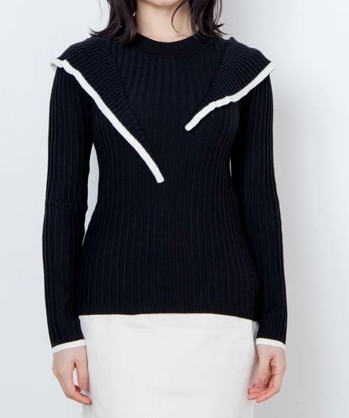 WEGO（ウィゴー）の「WEGO/ショルダーフリルニット（ニット/セーター・レディース・ブラック/アイボリー・FREE）」の5枚目の写真