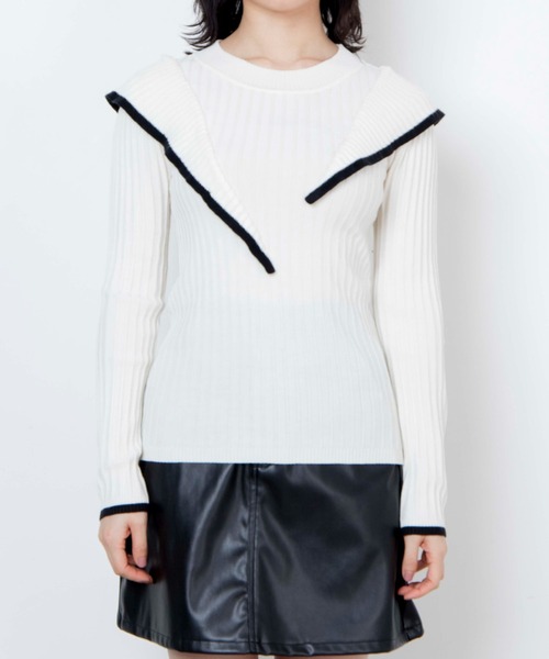 WEGO（ウィゴー）の「WEGO/ショルダーフリルニット（ニット/セーター・レディース・ブラック/アイボリー・FREE）」の4枚目の写真