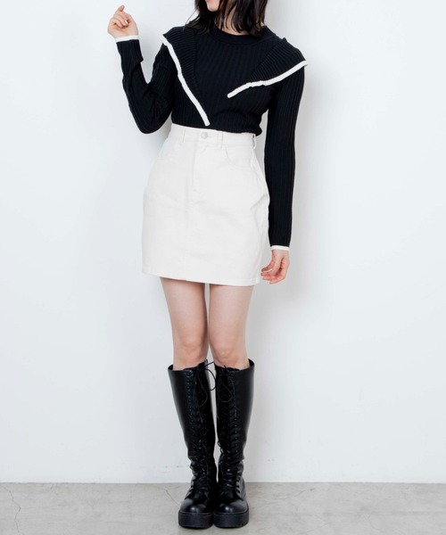 WEGO（ウィゴー）の「WEGO/ショルダーフリルニット（ニット/セーター・レディース・ブラック/アイボリー・FREE）」の3枚目の写真