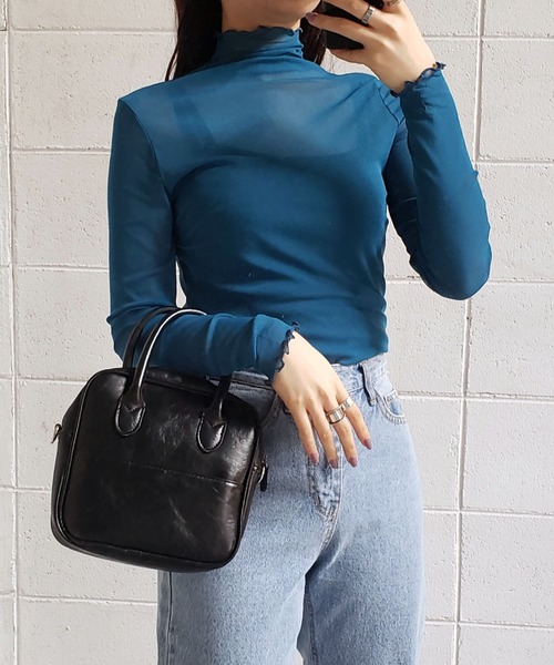 me+em select（ミームセレクト）の「シースルーハイネックメロートップス《 NEWカラー7色追加！ 》（Tシャツ/カットソー・レディース・グリーン/ベージュ/グレー/ブラック/ブラウン/ブルー/ホワイト/ピンク/オレンジ/ライム/パープル/ライトブルー/イエロー/ブルーグレー/コーラルピンク/クリアグリーン/ダークグリーン・FREE）」の13枚目の写真