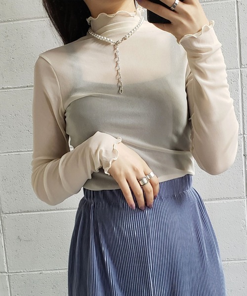 me+em select（ミームセレクト）の「シースルーハイネックメロートップス《 NEWカラー7色追加！ 》（Tシャツ/カットソー・レディース・グリーン/ベージュ/グレー/ブラック/ブラウン/ブルー/ホワイト/ピンク/オレンジ/ライム/パープル/ライトブルー/イエロー/ブルーグレー/コーラルピンク/クリアグリーン/ダークグリーン・FREE）」の18枚目の写真