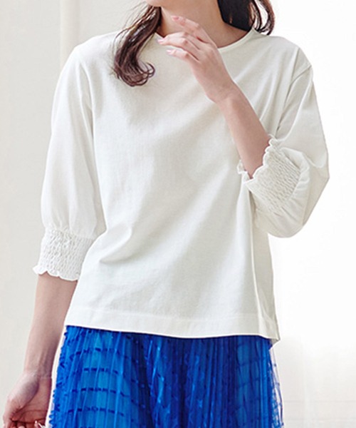 RANAN(ラナン)の「コットン100%袖シャーリング5分袖カットソー(Tシャツ/カットソー・レディース・オフホワイト/ブラック/ミント/ピンク・3L/M/L/LL)」の2枚目の写真