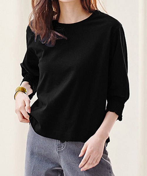 RANAN(ラナン)の「コットン100%袖シャーリング5分袖カットソー(Tシャツ/カットソー・レディース・オフホワイト/ブラック/ミント/ピンク・3L/M/L/LL)」の3枚目の写真
