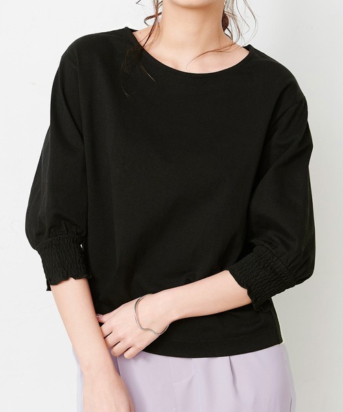 RANAN(ラナン)の「コットン100%袖シャーリング5分袖カットソー(Tシャツ/カットソー・レディース・オフホワイト/ブラック/ミント/ピンク・3L/M/L/LL)」の8枚目の写真