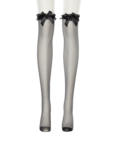 DearMyLove（ディアマイラブ）の「シースルーフリルリボンニーハイソックス（ソックス/靴下・レディース・ホワイト/ブラック・23-25cm）」の7枚目の写真
