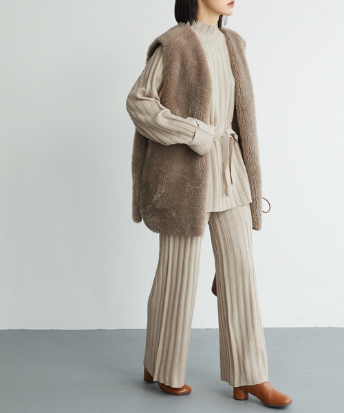 リブニットセットアップ ハイネックプルオーバー＆パンツ