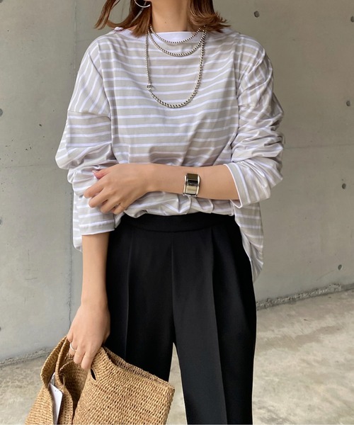 DouDou(ドゥドゥ)の「ボートネックボーダーTEE(Tシャツ/カットソー・レディース・ブラック/グレー/バイオレット・FREE)」の2枚目の写真