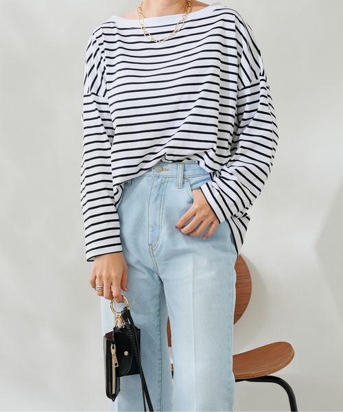 DouDou(ドゥドゥ)の「ボートネックボーダーTEE(Tシャツ/カットソー・レディース・ブラック/グレー/バイオレット・FREE)」の1枚目の写真