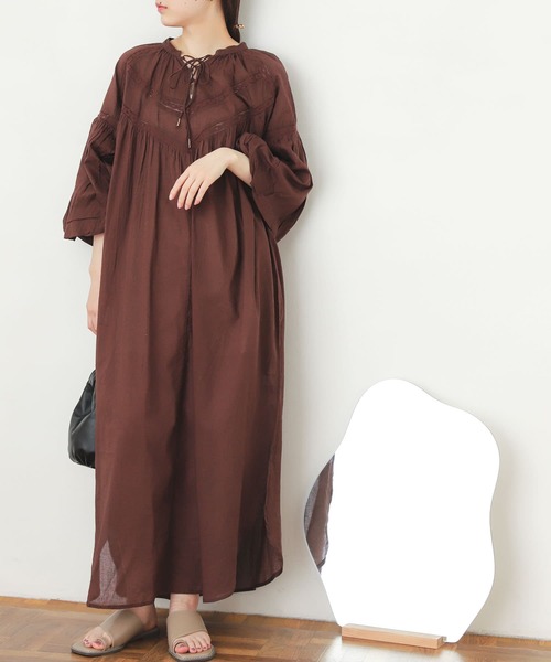 SENSE OF PLACE by URBAN RESEARCH（センスオブプレイスバイアーバンリサーチ）の「インドレースキリカエワンピース(7分袖)（シャツワンピース・レディース・ホワイト/ブラウン/イエロー・ONE）」の3枚目の写真