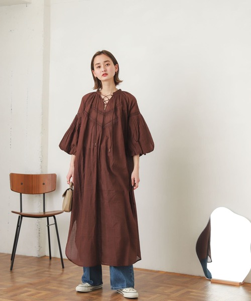 SENSE OF PLACE by URBAN RESEARCH（センスオブプレイスバイアーバンリサーチ）の「インドレースキリカエワンピース(7分袖)（シャツワンピース・レディース・ホワイト/ブラウン/イエロー・ONE）」の7枚目の写真