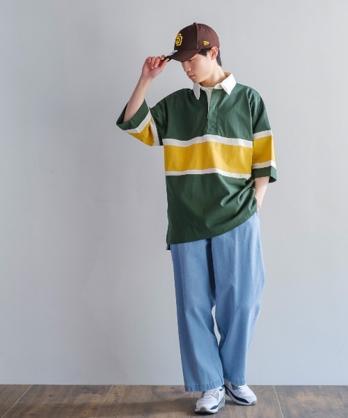 improves（インプローブス）の「ヘビーウェイト ラインボーダー 半袖ラガーシャツ（ポロシャツ・メンズ・ブラック/グリーン/ネイビー/マスタード/ブルーグレー・MEDIUM/LARGE）」の7枚目の写真