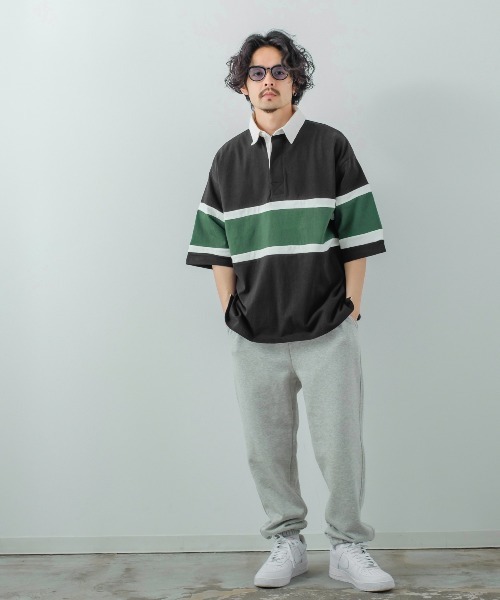 improves（インプローブス）の「ヘビーウェイト ラインボーダー 半袖ラガーシャツ（ポロシャツ・メンズ・ブラック/グリーン/ネイビー/マスタード/ブルーグレー・MEDIUM/LARGE）」の6枚目の写真