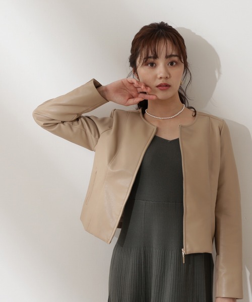 フェイクレザーノーカラーブルゾン ジャケット アウター Dressing プロポーションボディドレッシング のブルゾン フェイクレザーノーカラーブルゾン ブルゾン Body Proportion Dressing プロポーションボディドレッシング のファッション Body