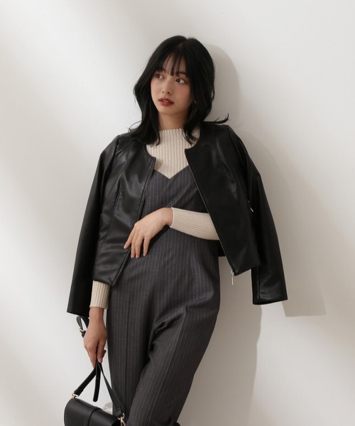 PROPORTION BODY DRESSING(プロポーションボディドレッシング)の「フェイクレザーノーカラーブルゾン / 1212255902(ブルゾン・レディース・ベージュ/ブラック・SMALL/MEDIUM)」の2枚目の写真