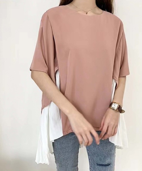 Girly Doll(ガーリードール)の「イレギュラーヘムプリーツシフォンドッキング半袖トップス(Tシャツ/カットソー・レディース・ブラック/ピンク/グリーン・F)」の1枚目の写真