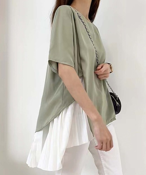 Girly Doll(ガーリードール)の「イレギュラーヘムプリーツシフォンドッキング半袖トップス(Tシャツ/カットソー・レディース・ブラック/ピンク/グリーン・F)」の3枚目の写真