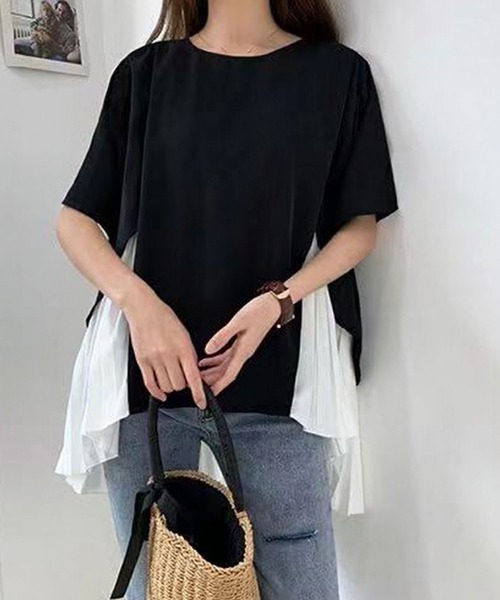 Girly Doll(ガーリードール)の「イレギュラーヘムプリーツシフォンドッキング半袖トップス(Tシャツ/カットソー・レディース・ブラック/ピンク/グリーン・F)」の2枚目の写真