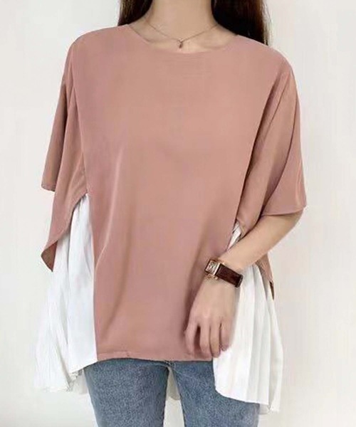 Girly Doll(ガーリードール)の「イレギュラーヘムプリーツシフォンドッキング半袖トップス(Tシャツ/カットソー・レディース・ブラック/ピンク/グリーン・F)」の5枚目の写真