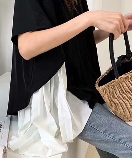 Girly Doll(ガーリードール)の「イレギュラーヘムプリーツシフォンドッキング半袖トップス(Tシャツ/カットソー・レディース・ブラック/ピンク/グリーン・F)」の6枚目の写真