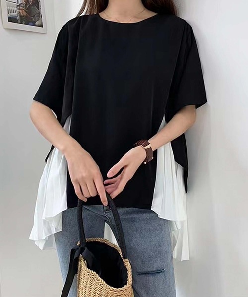 Girly Doll(ガーリードール)の「イレギュラーヘムプリーツシフォンドッキング半袖トップス(Tシャツ/カットソー・レディース・ブラック/ピンク/グリーン・F)」の4枚目の写真