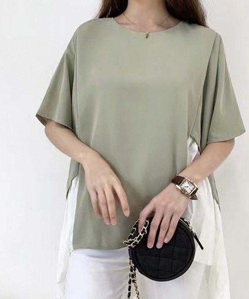 Girly Doll(ガーリードール)の「イレギュラーヘムプリーツシフォンドッキング半袖トップス(Tシャツ/カットソー・レディース・ブラック/ピンク/グリーン・F)」の8枚目の写真