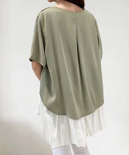 Girly Doll(ガーリードール)の「イレギュラーヘムプリーツシフォンドッキング半袖トップス(Tシャツ/カットソー・レディース・ブラック/ピンク/グリーン・F)」の7枚目の写真