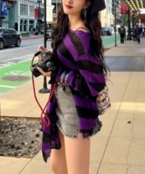 NOVESSEL（ノベセル）の「『NOVESSEL/ノベセル』ダメージルーズボーダーニット【Y】【CN】（ニット/セーター・レディース・ブラック×パープル/ブラック×ブルー/ブラック×グレー/ブラック×ピンク/ブラック×ホワイト/ブラック×レッド・FREE）」の18枚目の写真