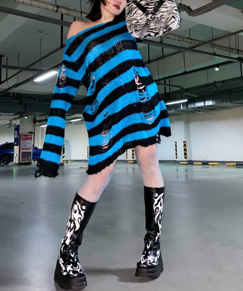 NOVESSEL（ノベセル）の「『NOVESSEL/ノベセル』ダメージルーズボーダーニット【Y】【CN】（ニット/セーター・レディース・ブラック×パープル/ブラック×ブルー/ブラック×グレー/ブラック×ピンク/ブラック×ホワイト/ブラック×レッド・FREE）」の22枚目の写真