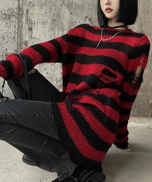 NOVESSEL（ノベセル）の「『NOVESSEL/ノベセル』ダメージルーズボーダーニット【Y】【CN】（ニット/セーター・レディース・ブラック×パープル/ブラック×ブルー/ブラック×グレー/ブラック×ピンク/ブラック×ホワイト/ブラック×レッド・FREE）」の20枚目の写真