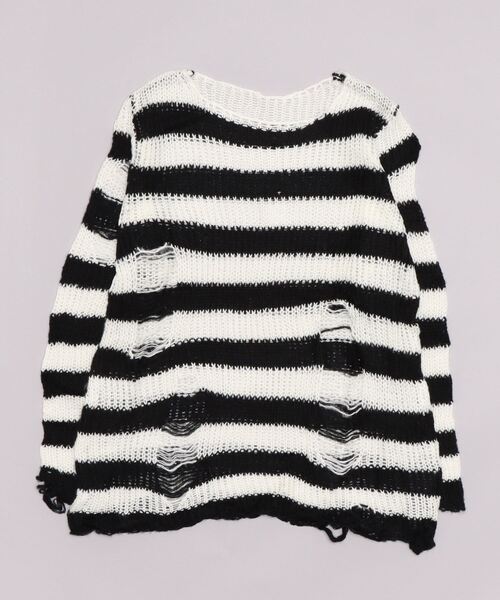 NOVESSEL（ノベセル）の「『NOVESSEL/ノベセル』ダメージルーズボーダーニット【Y】【CN】（ニット/セーター・レディース・ブラック×パープル/ブラック×ブルー/ブラック×グレー/ブラック×ピンク/ブラック×ホワイト/ブラック×レッド・FREE）」の12枚目の写真