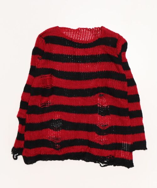 NOVESSEL（ノベセル）の「『NOVESSEL/ノベセル』ダメージルーズボーダーニット【Y】【CN】（ニット/セーター・レディース・ブラック×パープル/ブラック×ブルー/ブラック×グレー/ブラック×ピンク/ブラック×ホワイト/ブラック×レッド・FREE）」の19枚目の写真