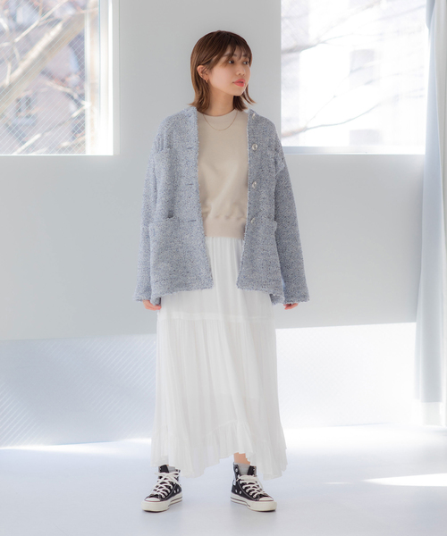 La TOTALITE（ラトータリテ）の「ブークレーツィードジャケット（ノーカラージャケット・レディース・ベージュ/ネイビー/サックスブルー・FREE）」の20枚目の写真