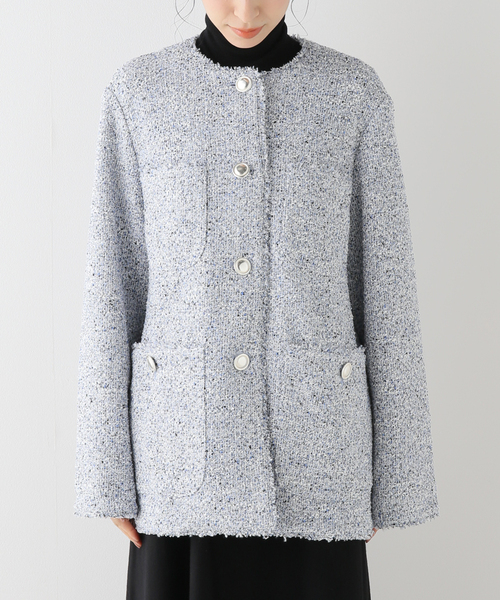 La TOTALITE（ラトータリテ）の「ブークレーツィードジャケット（ノーカラージャケット・レディース・ベージュ/ネイビー/サックスブルー・FREE）」の4枚目の写真