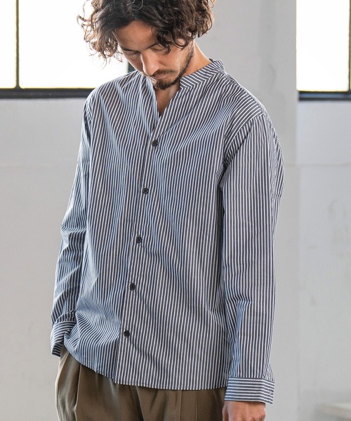 Magine(マージン)の「ms5242- STRIPE BAND COLLAR SKIPPER SHIRTS スキッパ―シャツ(シャツ/ブラウス・メンズ・ホワイト/ネイビー/ブラック・44/48/46)」の3枚目の写真
