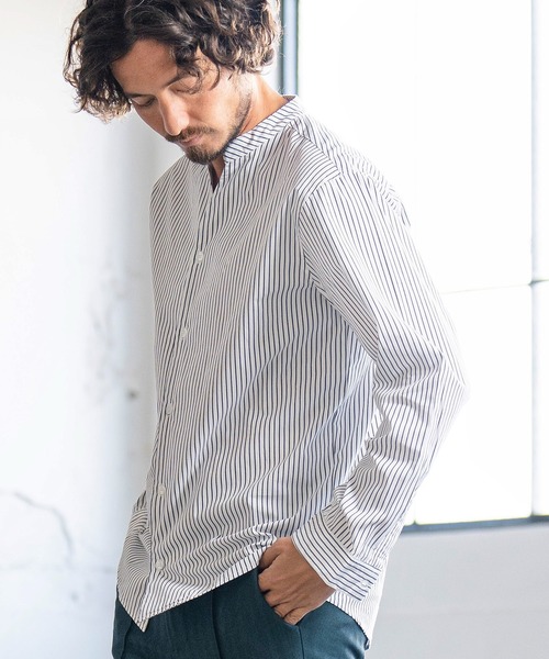 Magine(マージン)の「ms5242- STRIPE BAND COLLAR SKIPPER SHIRTS スキッパ―シャツ(シャツ/ブラウス・メンズ・ホワイト/ネイビー/ブラック・44/48/46)」の5枚目の写真