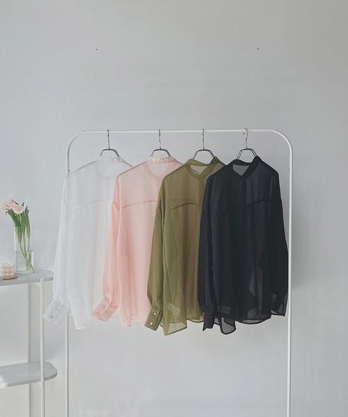 AS KNOW AS plus(アズノゥアズプラス)の「○バンドカラーなシアーシャツ(シャツ/ブラウス・レディース・オフホワイト/ライトグリーン/ブラック/ライトピンク・FREE)」の8枚目の写真