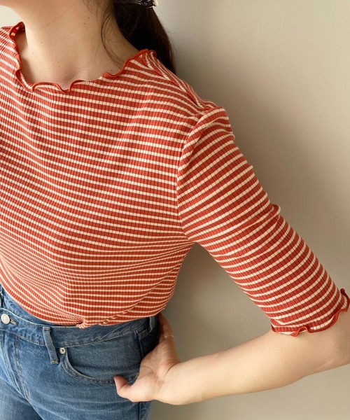 LOWRYS FARM（ローリーズファーム）の「ボーダーメロー５Ｓ　905220（Tシャツ/カットソー・レディース・ブルー/ホワイト/オレンジ・FREE）」の7枚目の写真