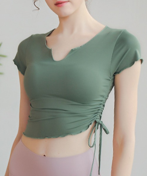 ダークグリーン ノースリーブ クロップトップ ヨガウェア タンクトップ