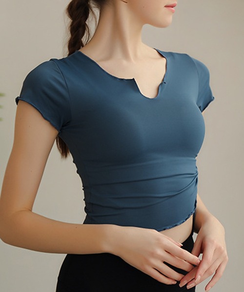 レディース サイドリボンスリットネッククロップドヨガウェアトップス