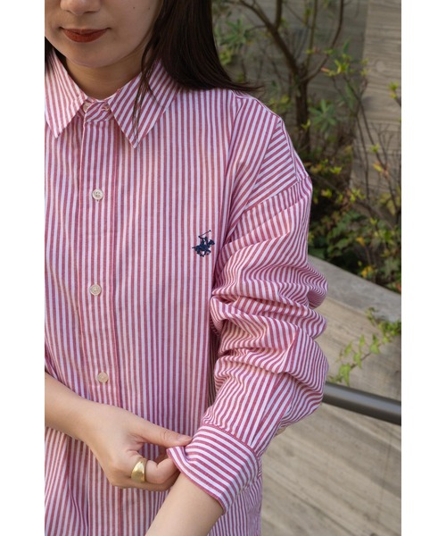 BEVERLY HILLS POLO CLUB(ビバリーヒルズポロクラブ)の「【 BEVERLY HILLS POLO CLUB / ビバリー ヒルズ ポロ クラブ 】 ビッグシルエット ワンポイント刺繍 ストライプ ボタンダウンシャツ MNY 4187-0140(シャツ/ブラウス・レディース・エメラルド/レッド/ブルー/ベージュ・FREE)」の16枚目の写真