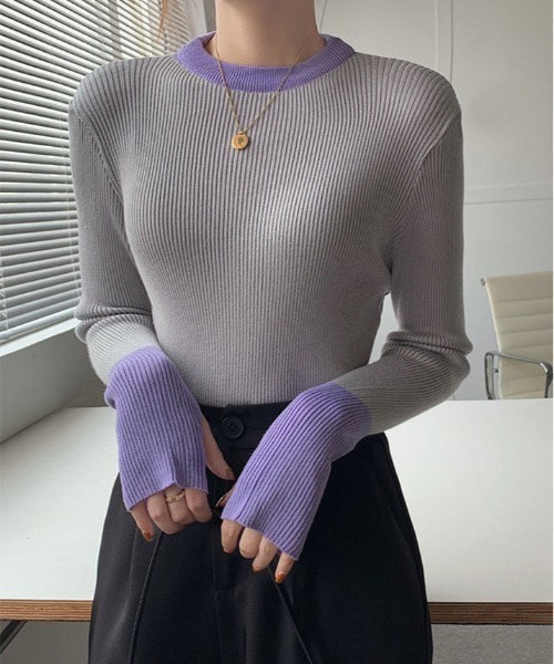 kirakiraShop(キラキラショップ)の「指穴 バイカラー リブ ニット(ニット/セーター・レディース・グレー系その他2/ベージュ/ホワイト/ブラック/グレー系その他/ブルー・FREE)」の3枚目の写真