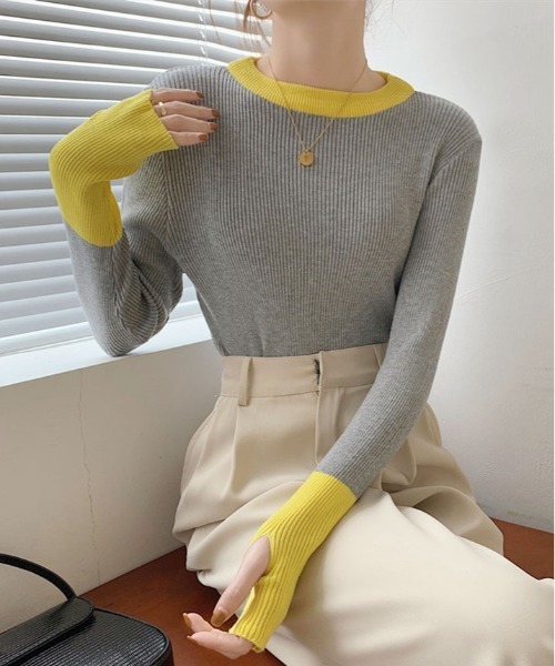 kirakiraShop(キラキラショップ)の「指穴 バイカラー リブ ニット(ニット/セーター・レディース・グレー系その他2/ベージュ/ホワイト/ブラック/グレー系その他/ブルー・FREE)」の4枚目の写真