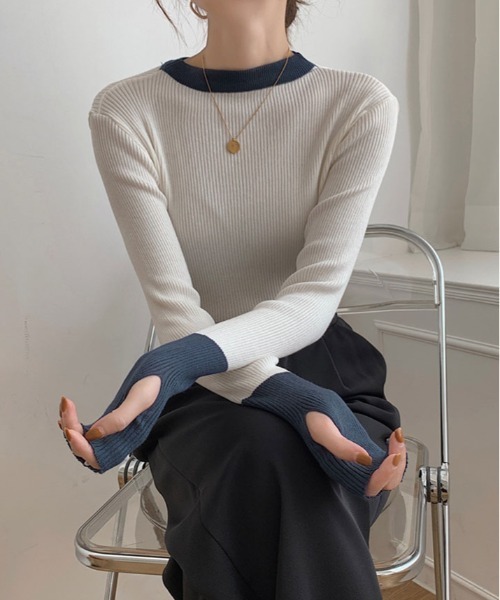 kirakiraShop(キラキラショップ)の「指穴 バイカラー リブ ニット(ニット/セーター・レディース・グレー系その他2/ベージュ/ホワイト/ブラック/グレー系その他/ブルー・FREE)」の14枚目の写真