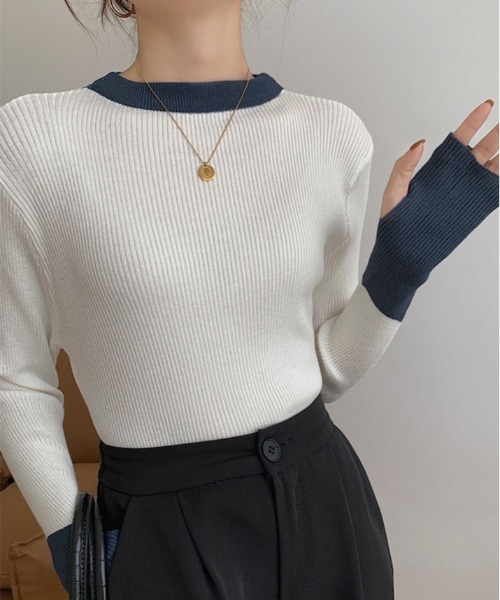 kirakiraShop(キラキラショップ)の「指穴 バイカラー リブ ニット(ニット/セーター・レディース・グレー系その他2/ベージュ/ホワイト/ブラック/グレー系その他/ブルー・FREE)」の15枚目の写真