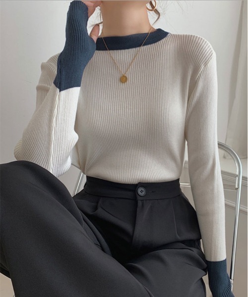 kirakiraShop(キラキラショップ)の「指穴 バイカラー リブ ニット(ニット/セーター・レディース・グレー系その他2/ベージュ/ホワイト/ブラック/グレー系その他/ブルー・FREE)」の16枚目の写真