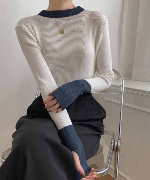 kirakiraShop(キラキラショップ)の「指穴 バイカラー リブ ニット(ニット/セーター・レディース・グレー系その他2/ベージュ/ホワイト/ブラック/グレー系その他/ブルー・FREE)」の17枚目の写真