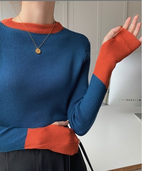 kirakiraShop(キラキラショップ)の「指穴 バイカラー リブ ニット(ニット/セーター・レディース・グレー系その他2/ベージュ/ホワイト/ブラック/グレー系その他/ブルー・FREE)」の11枚目の写真