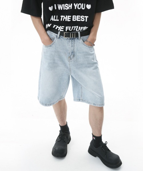 Ressaca（レサーカ）の「ユーズド加工 ワイドデニムショートパンツ（デニムパンツ・メンズ・ライトグレー/ダークインディゴブルー/インディゴブルー/ライトインディゴブルー・M/XL/L）」の4枚目の写真