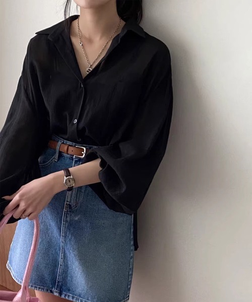 LYEON(リヨン)の「バックリボンオープンシアーシャツ/ボリュームスリーブシャツ(シャツ/ブラウス・レディース・ブラック/オフホワイト・FREE)」の5枚目の写真